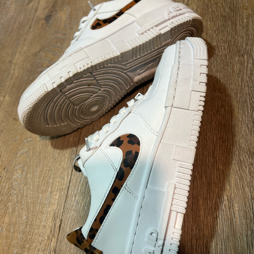 Nike Air Force One White Pixel Sneakers with Leopard Print Accents